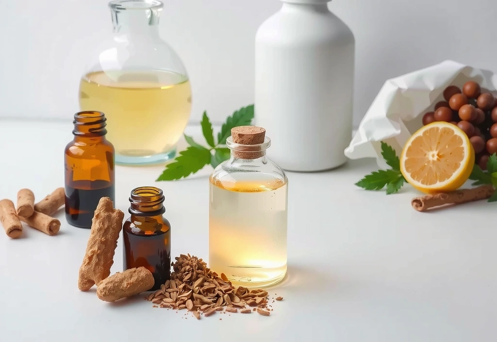 Abstract and artistic representation of natural ingredients, glowing with pure essence, undergoing a quality control process amidst a background of scientific glassware and botanical elements, symbolizing purity and effectiveness.