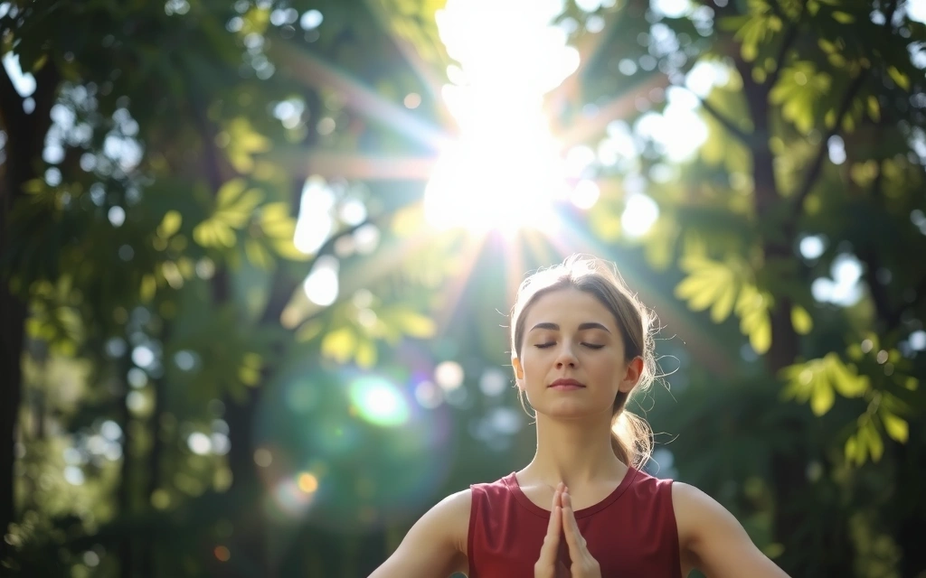 A woman meditating in a serene natural setting, sunlight filtering through trees, symbolizing inner peace and wellness.