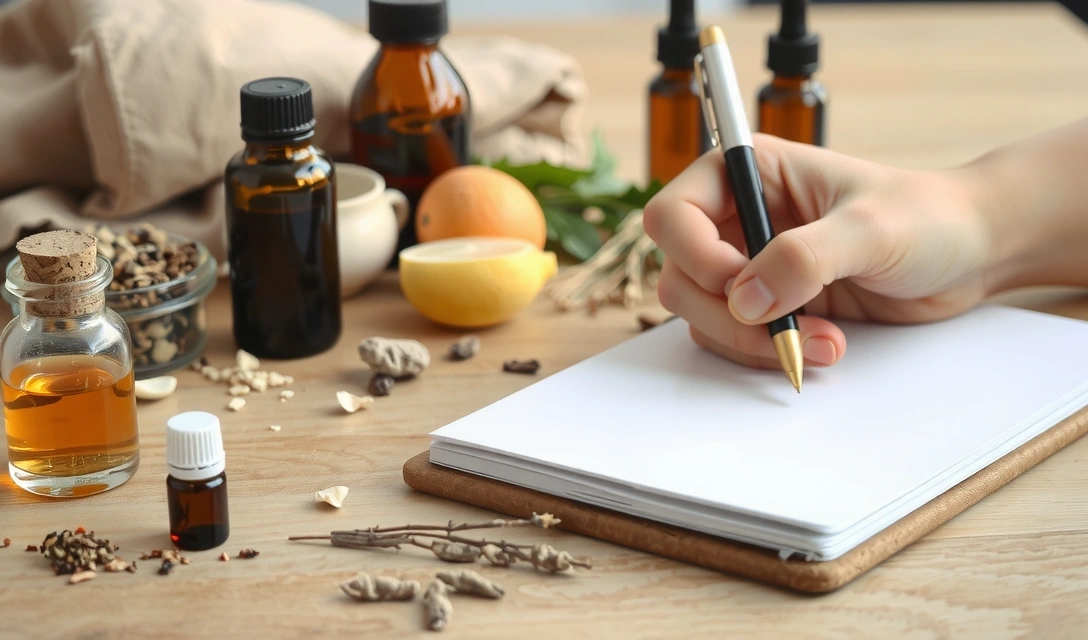 A hand writing a message on a notepad with natural ingredients surrounding it, symbolizing communication and natural care.