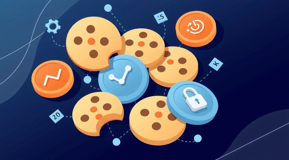 Illustration of various cookies with different functions, representing digital tracking