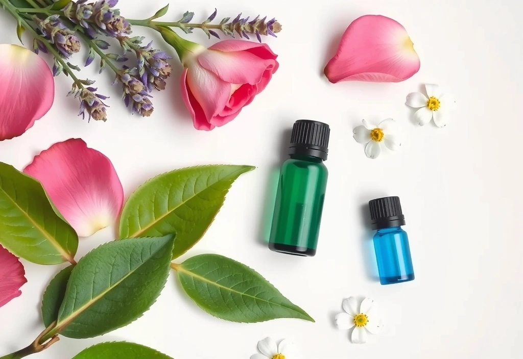 A close-up of various natural ingredients like roses, herbs, and essential oils, representing the purity and efficacy of skincare formulations.